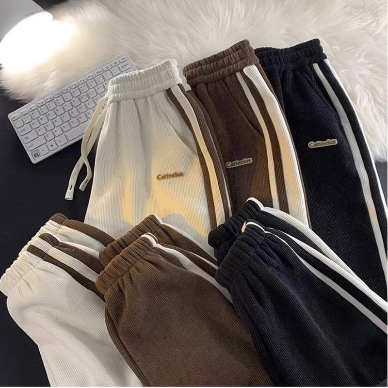 Quần Nhung Tăm Ống Rộng Thêu Catteelus Phối Sọc 2 To Nhỏ Unisex - Quần Dài Cạp Chun Eo Vải Co Dã n Dày Dặn NT5