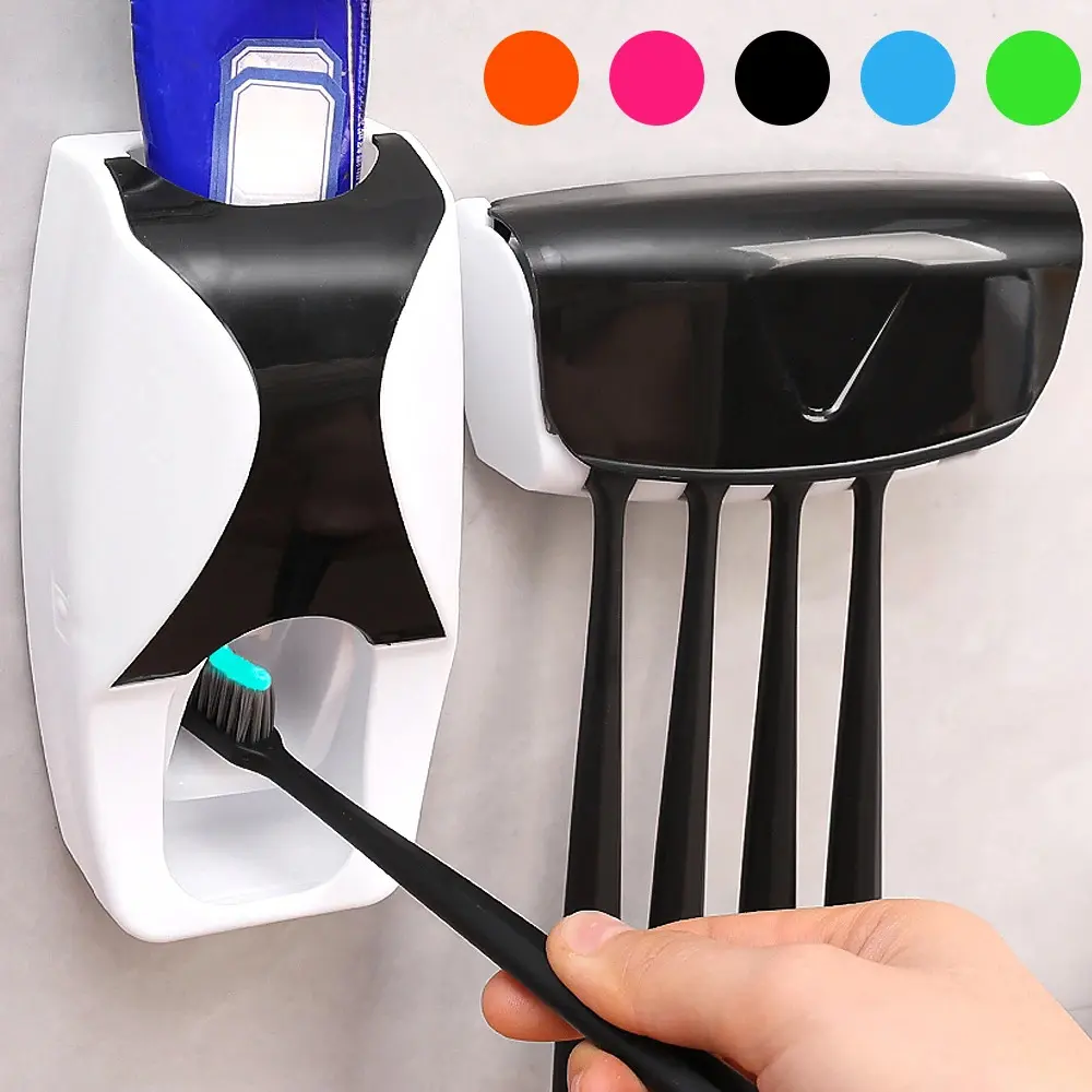 1Set Toothbrush Holder with Automatic Toothpaste Dispenser Wall Mounted Toothbrush Storage Rack Bathroom Toothpaste Squeezer