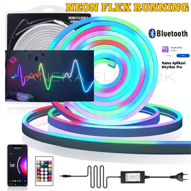 NEON FLEX RUNNING RGB PANJANG 5 10 METER BISA GANTI WARNA SUDAH TERMASUK ADAPTOR DAN REMOT CONTROL BISA DI ATUR LEWAT HP NAMA APK RHYTHM PRO 0