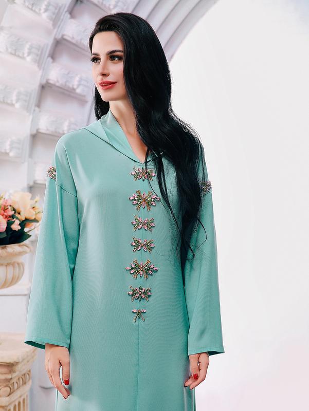 Product Introduction of Ba302 Water Green Hand-Stitched Glass Diamond Decorations Hooded Robe Middle East Southeast Asia Women's Robe 3
