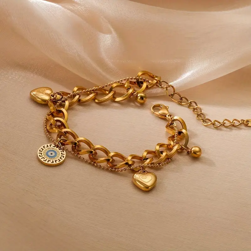 Elegant Golden-Tone Stainless Steel Bracelet with Heart Charms & Evil Eye Pendant - Vintage-Inspired, Design Perfect for Daily Wear & Gifting, Charm Bracelet 3