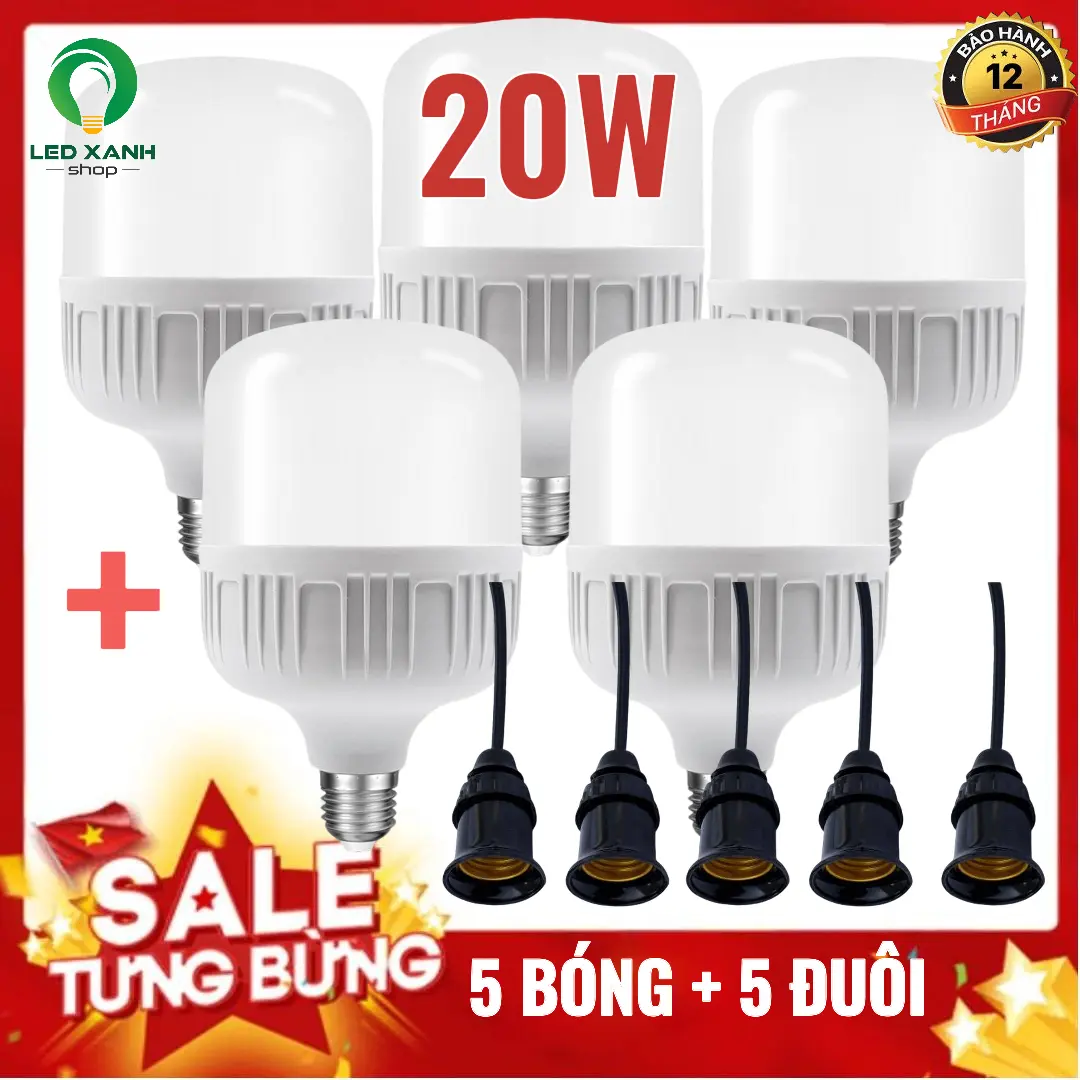Bộ 5 bóng đèn Led 20W + 5 Đuôi treo kín nước - Bảo hành 12 tháng