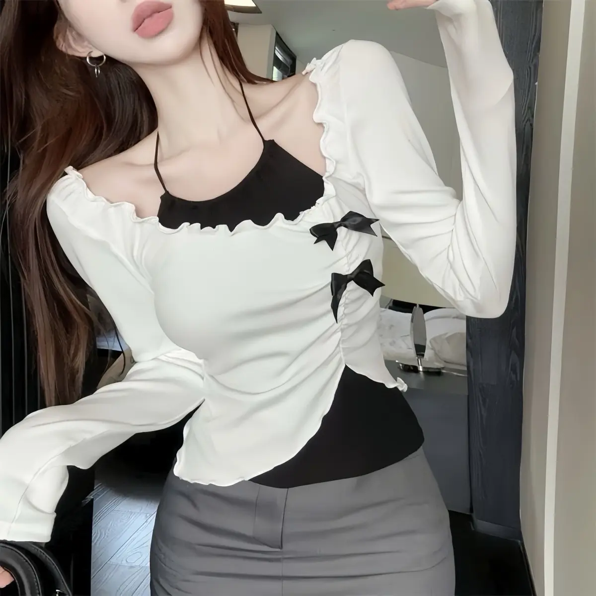 VIVISTORE.Áo trễ vai vạt nhọt kèm áo lót yếm Vivistore Nữ Women