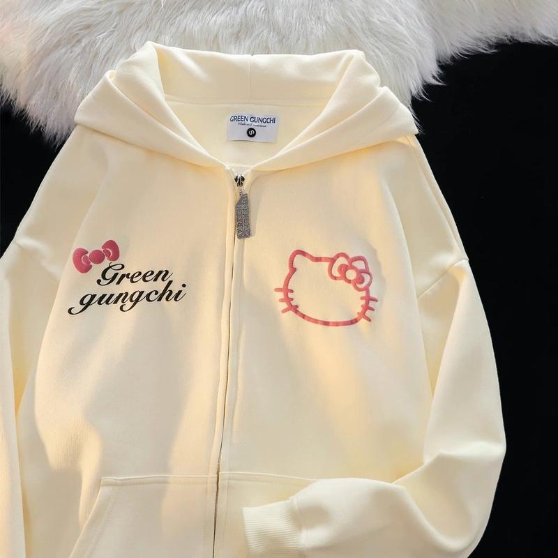 Product Introduction of Áo Len Có Mũ Trùm Đầu Có Khóa Kéo In Hình Mèo Kitty, Phong Cách Đường Phố Cao Cấp Mỹ, Dành Cho Học Sinh Nữ, Lót Lông Cừu, Dáng Rộng Vừa Vặn, Áo Khoác Độc Đáo, Năm 2024 11