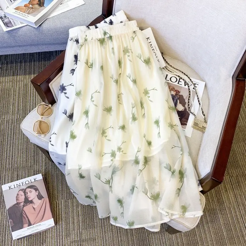 Skirt Midi Bunga, Gaya Perancis, Untuk Wanita, Pinggang Tinggi, Penutup Pinggul, Pelangsingan Badan, Skirt Garis A Setengah Panjang, Gaya Mori, Skirt Separuh Elegan, Sesuai untuk Musim Panas 2024