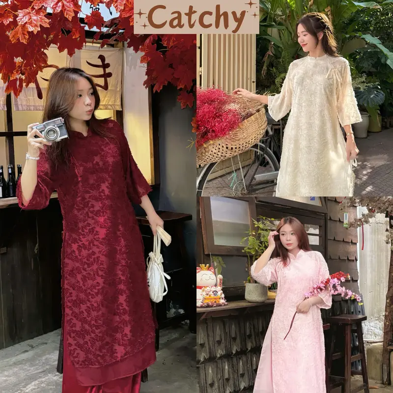 Áo Dài Cách Tân Nữ Lông Vũ Buộc Nơ Cách Điệu Kèm Quần Lụa Trơn Xinh Xắn Nhiều Màu CATCHYstore Áo Dài Mặc Tết Cho Nữ Phối Quần Lụa Women Dress Kem Đỏ Hồng Sen aodai  dang suong 0