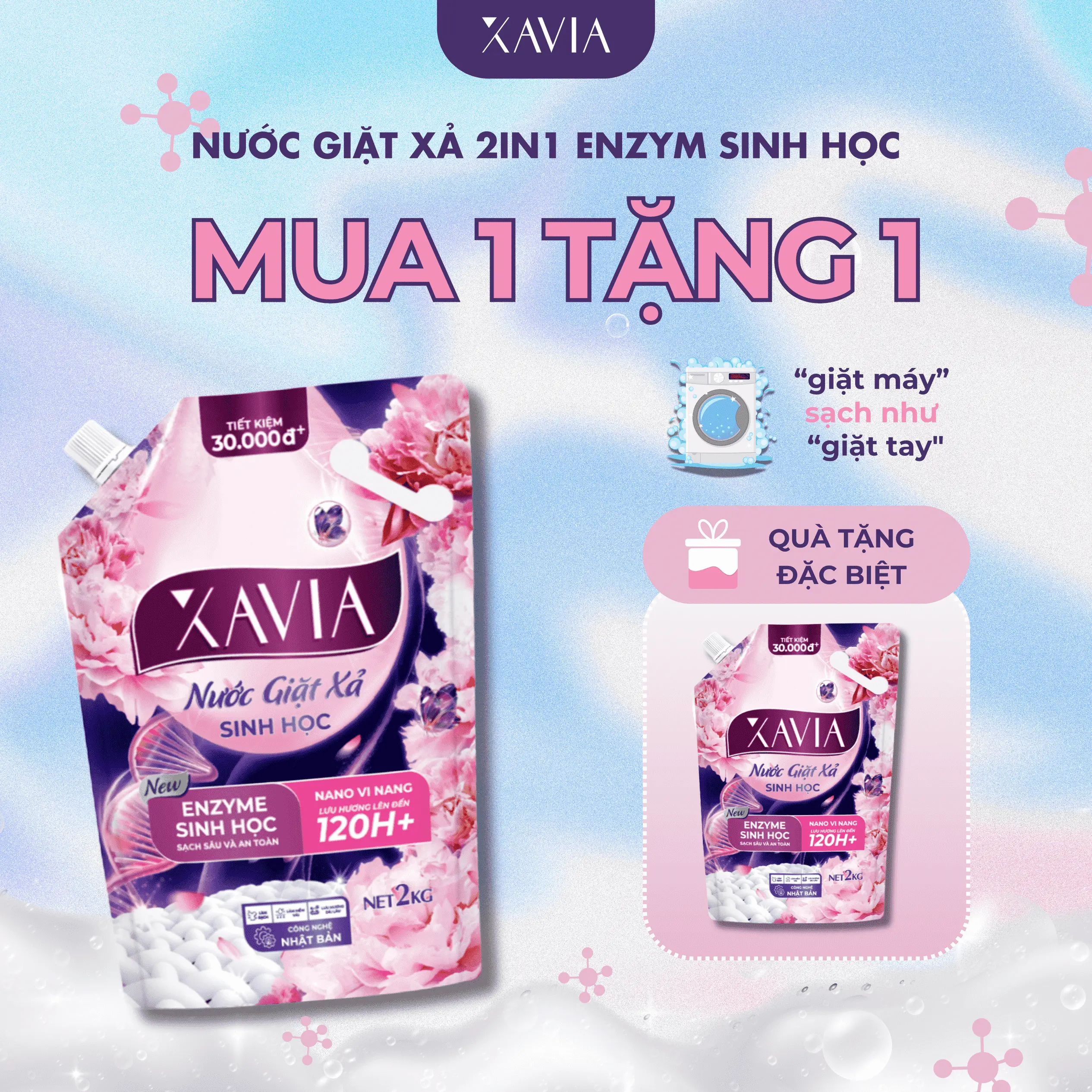 [MUA 1 TẶNG 1] Nước Giặt Xả 2in1 Enzym Sinh Học XAVIA Toả Hương 120H+ 2L, Sạch Sâu An Toàn, Lưu Hương Dài Lâu, Bảo Vệ Môi Trường
