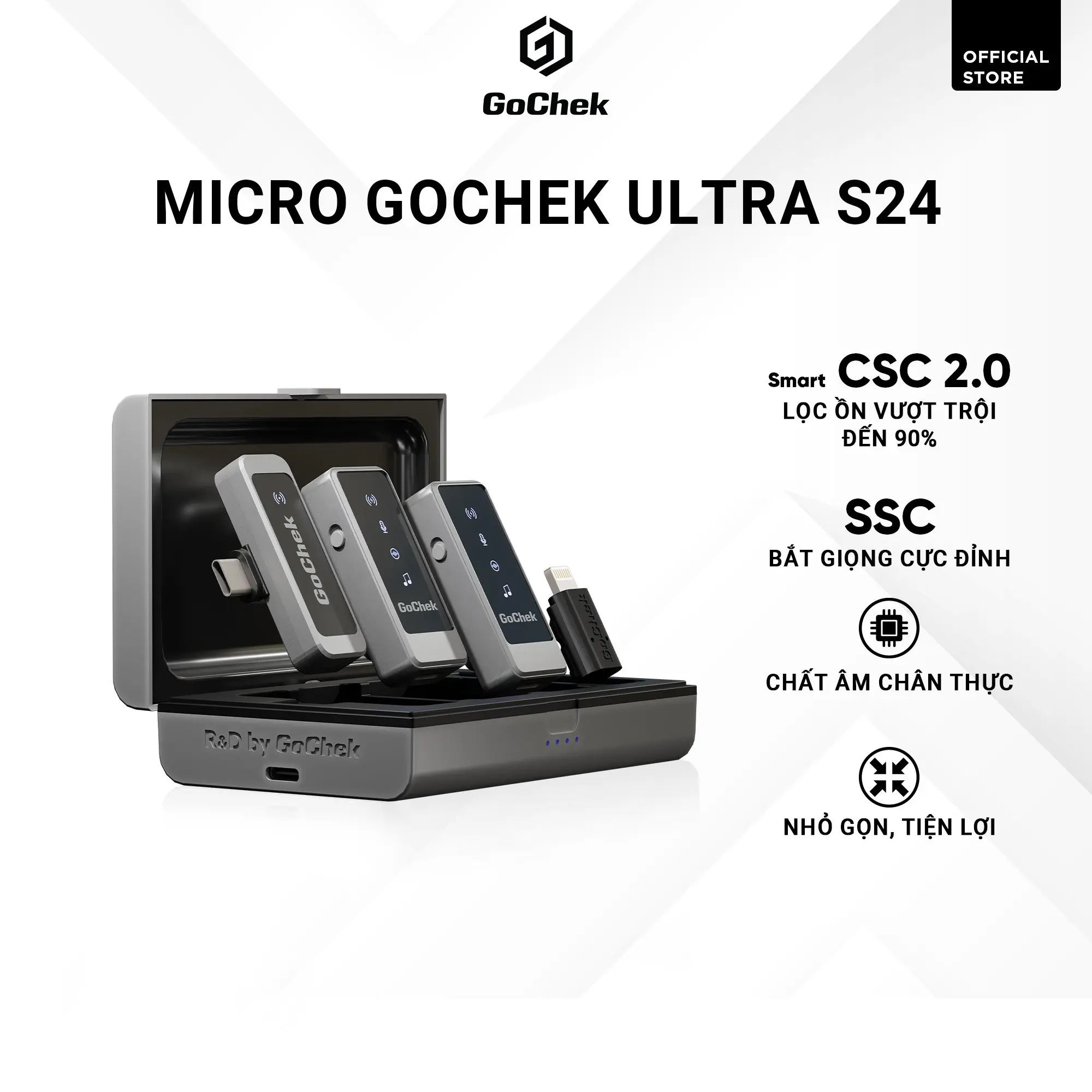 Micro thu âm không dây GoChek, Tích hợp 2 chân cắm khi live/quay video/ghi âm cho điện thoại/ ipad/ máy tính GC ULTRA S24