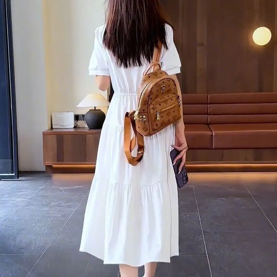 2025 Summer New Slim Waist Korean Style A-line Short Sleeve Dress Casual  Womenswear rainbow cache