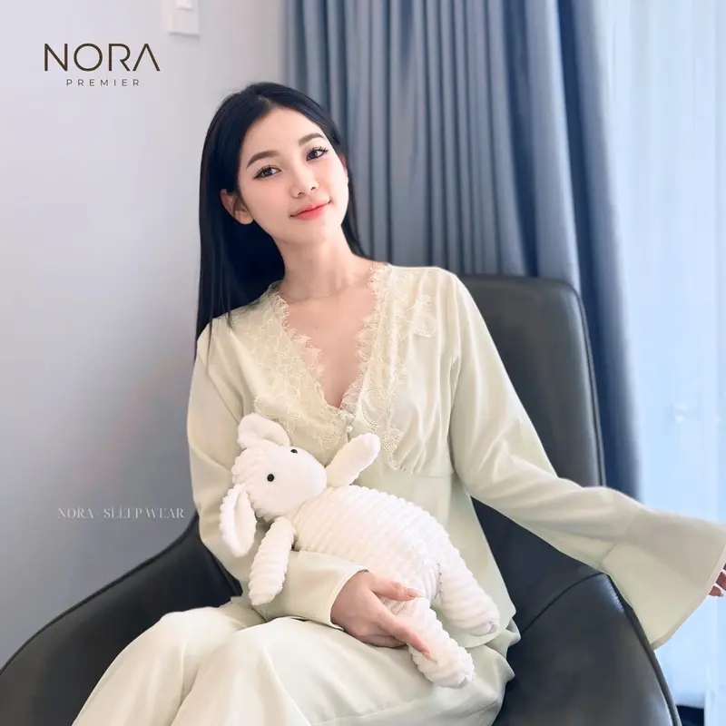 Bộ mặc nhà phối ren cổ tay loe xanh  MS2583 0