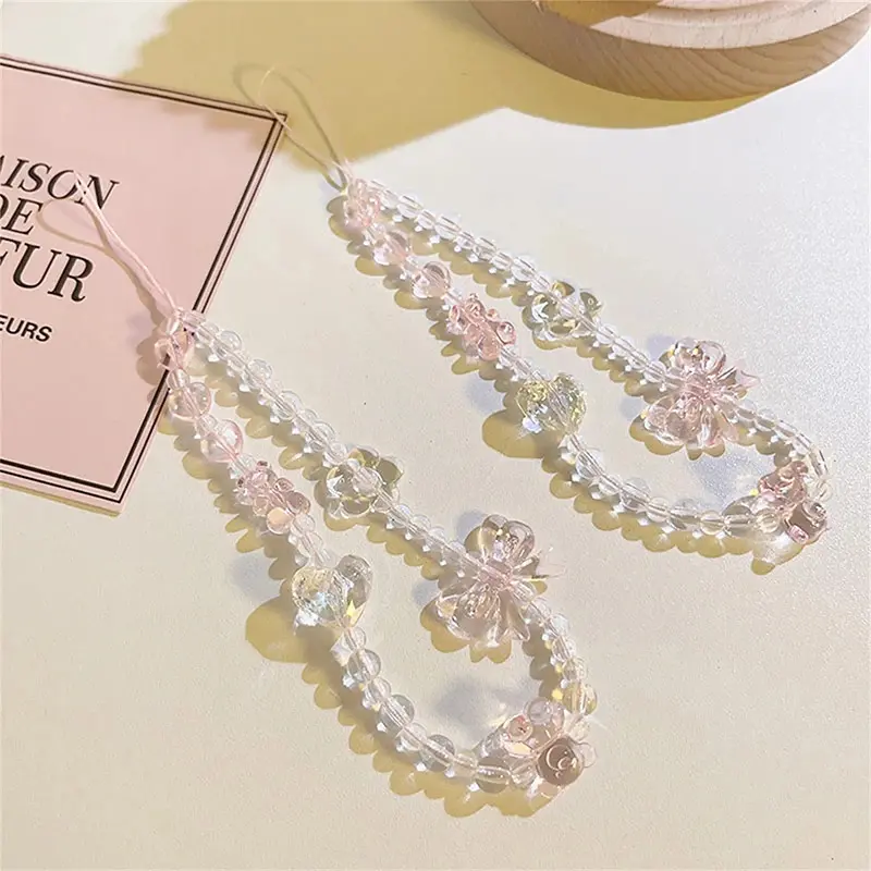 Korean style women's fashionable pink bear butterfly flower mobile phone strap pendant chain mobile phone hanging rope keychain women's bag camera pendant