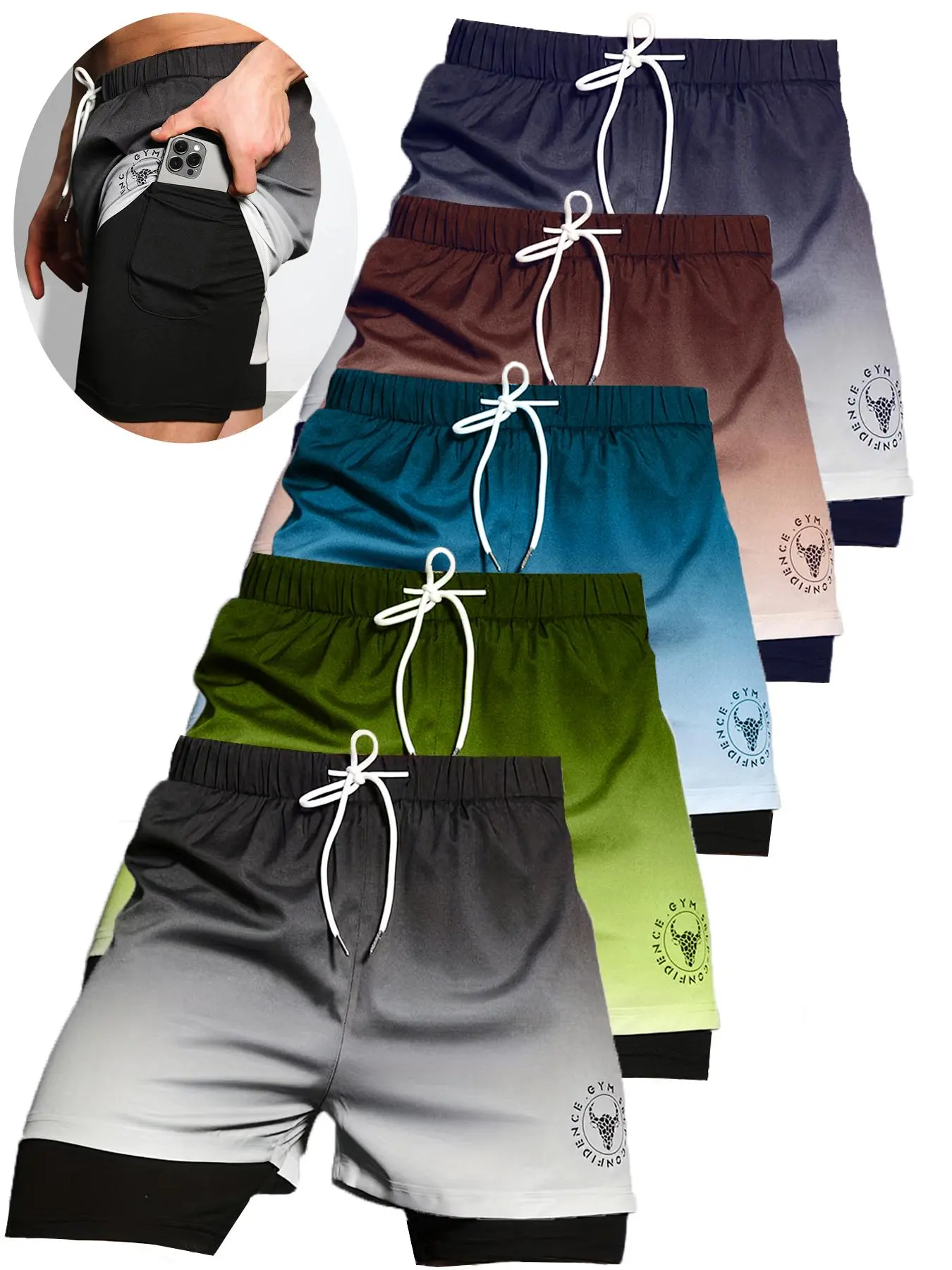 Men's Ombre & Letter Print 2 in 1 Drawstring Waist Shorts, Regular Fit Casual Pocket Straight Leg Shorts for Daily Wear, Men's Bottoms for All Seasons, Workout Clothes