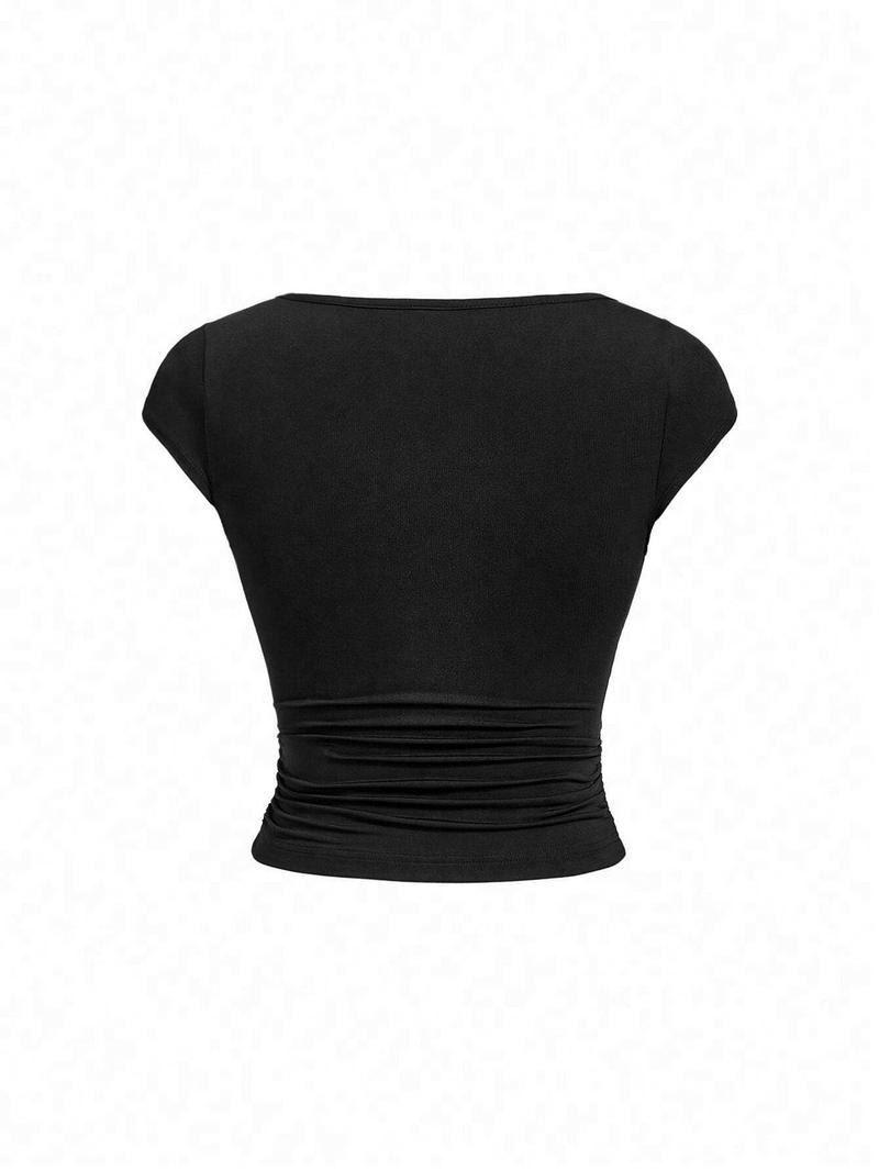 Product Introduction of Women's  Solid Ruched Scoop Neck Crop Tee, Casual Cap Sleeve T-shirt for Summer, Ladies Clothes for Daily Wear 4
