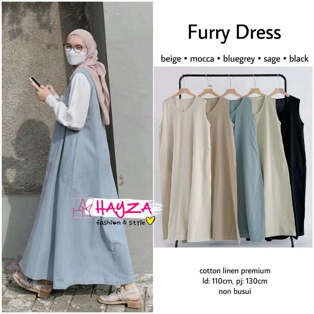 Furry dress overall by HAYZA COLLECTION (overall dress tanpa lengan polos bahan cotton linen premium)
