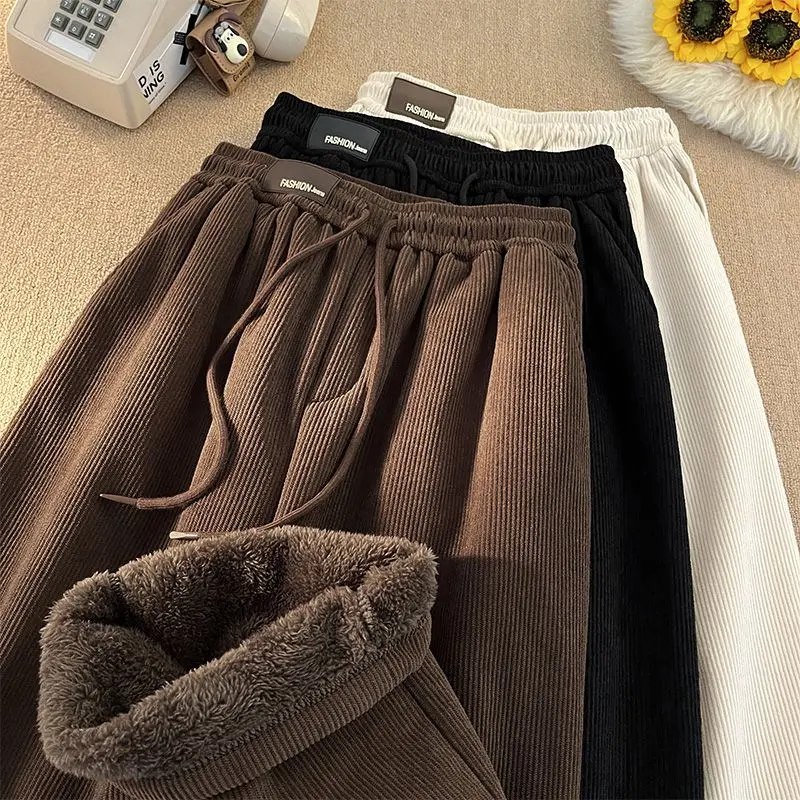 Quần Len Cashmere, Cực Dày, Lót Lông Cừu, Quần Nỉ Vải Nhung Kẻ Dày, Thích Hợp Cho Nam Giới, Chống Lạnh Bắc Phương, Có Thể Mặc Ngoài Trời, Quần Ống Đứng Đi Chơi Ấm Áp