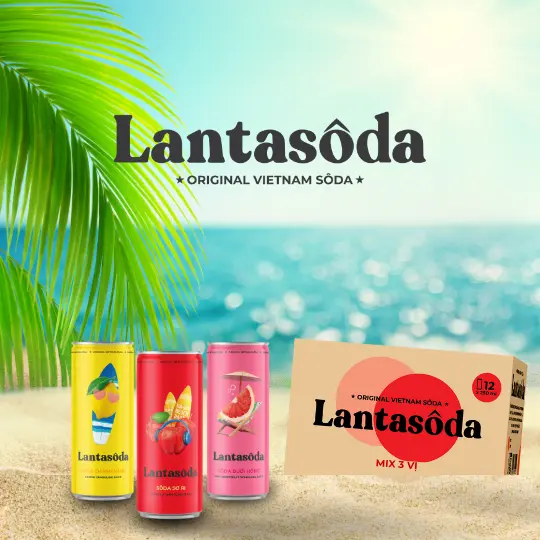 Thùng 12 Lon MIX 3 VỊ - Lantasôda - Nước  trái cây có gas vị BƯỞI HỒNG - CHANH VÀNG - SƠ RI soda