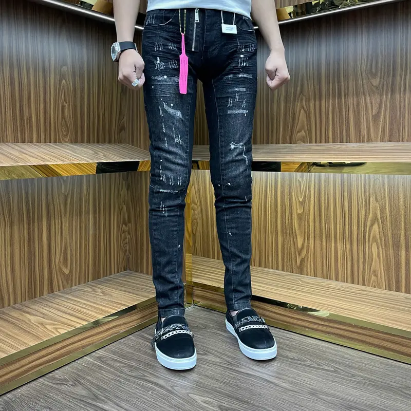 Quần Jeans nam xám bạc rách khóa lệch sước bốn cúc 2