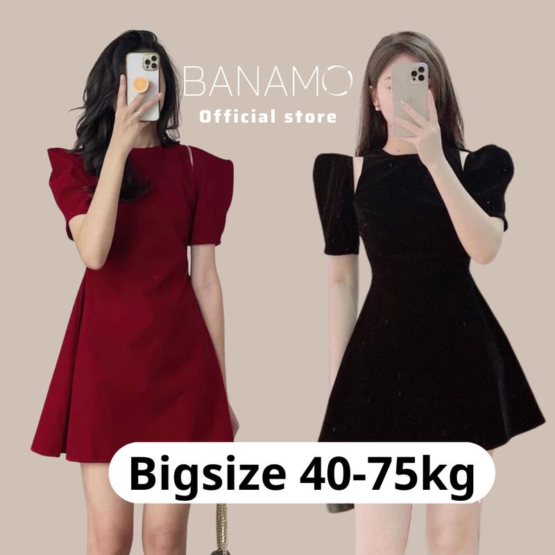 Đầm chính hãng Banamo Fashion váy nhung tiểu thư tay bồng khoét vai 559 Dress Màu Đỏ
