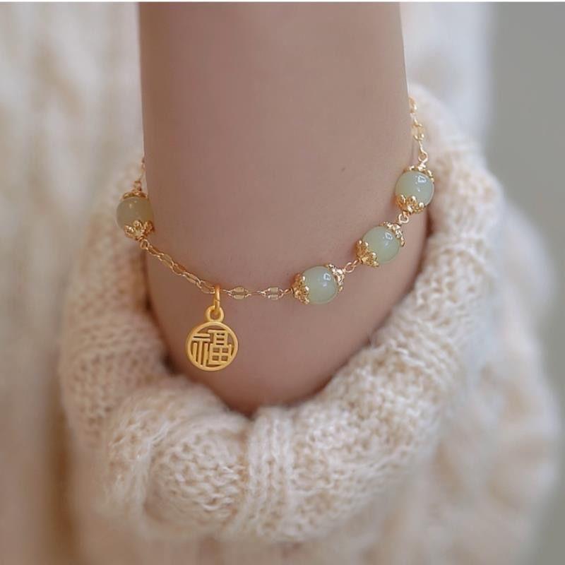 Product Introduction of Design Fu Character Bracelet Female Sansheng I Natural Hetian Retro High Sense Ins Couple Girlfriends 9