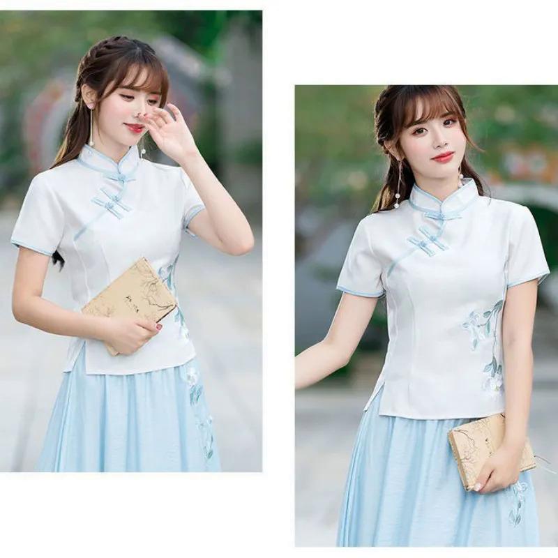 Bộ Đồ Hai Mảnh Bằng Vải Bông, Phong Cách Trung Quốc Cộng Hòa, Quần Áo Nữ, Thiết Kế Khóa Cổ Điển Chất Liệu Vải Bông Và Vải Lanh, Thêu, ngắn Tay, Thích Hợp Cho Nghệ Thuật Trà, Bộ Đồ Sườn Xám Cải Tiến 5