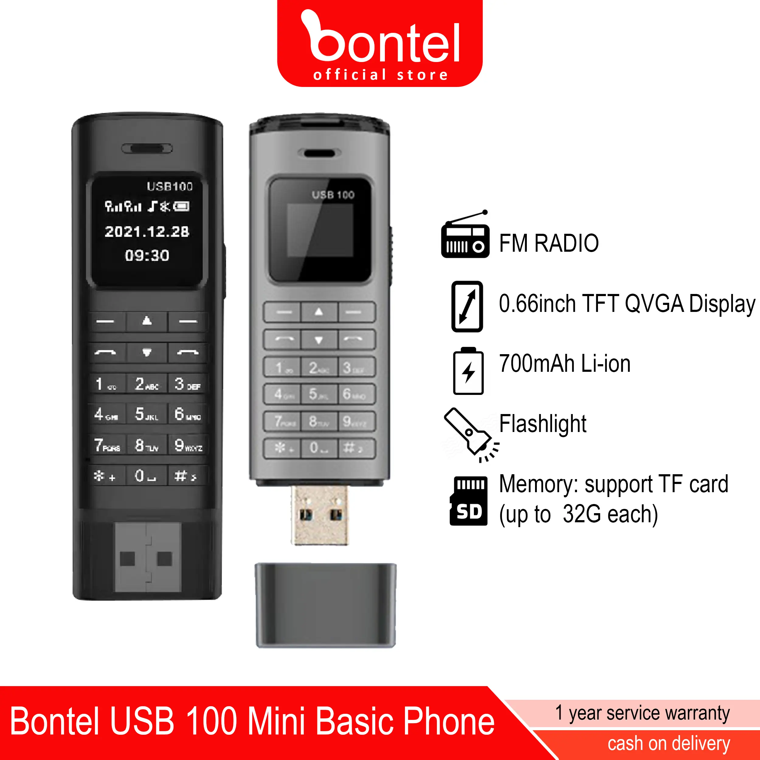 Bontel USB 100, Mini Basic Phone Card Reader ,700mAh Dual Sim with Flashlight MP3 MP4 Wireless FM Radio Bontel