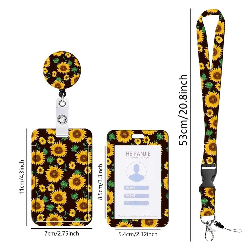 Sunflower Pattern Card Holder with Lanyard, 1 Count Slide Card Cover with Easy Pull Buckle Lanyard, Identification Badges & Supplies for School Office 1