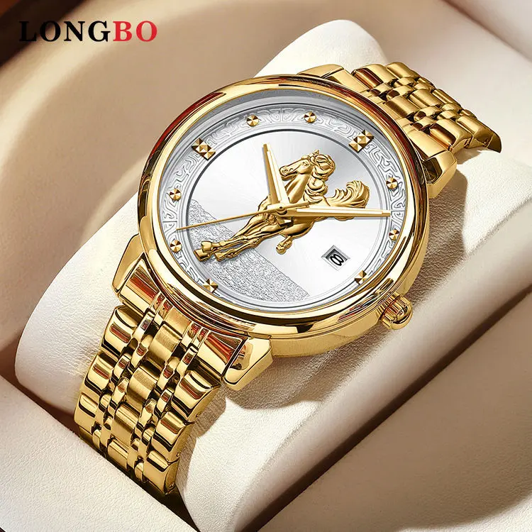 Đồng Đồng Hồ Nam Đi Chơi Chống Nước, Longbo Mới, Đồng Đồng Hồ Thạch Anh Công Sở Đồng Đồng Hồ Mặt Số Họa Tiết Ngựa Vàng Đầy Đủ Đồng Đồng Hồ Nam
