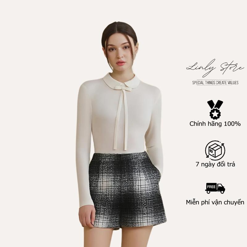 Áo len tăm tay dài cổ sen phối nơ, áo kiểu nữ giữ nhiệt tiểu thư Linly Store A-AT6