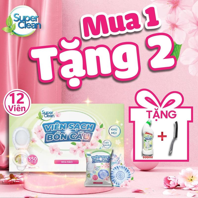 ( MUA 1 TẶNG 2 ) Combo 12 viên sạch bồn cầu Super Clean, tặng 1 Chai sạch bồn cầu + 1 bàn chải đánh kẽ - Làm Sạch bom tẩy bồn cầu viên  thông chai  xịt viên  xả nước  xả nước  xả viên  tiêu