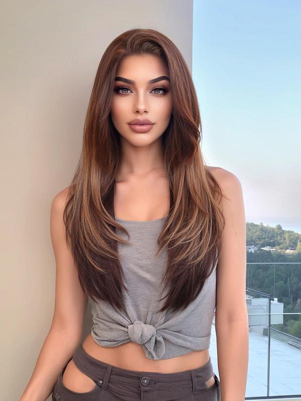 24 Inch Long Straight Wigs for Women, Gorgeous Fluffy Wigs without Bangs, Synthetic Lace Wigs for Party, Daily Use 0