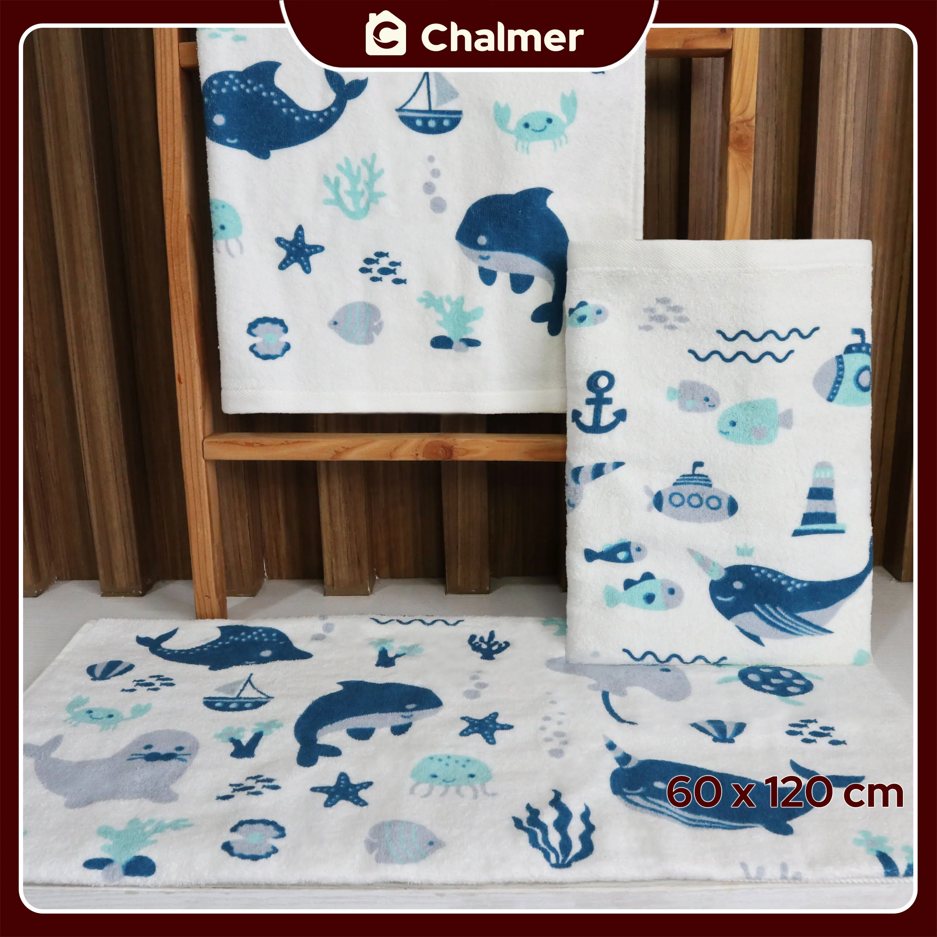 Handuk Bayi Chalmer Ukuran 60x120cm Handuk Bayi Lembut Print Anak Karakter