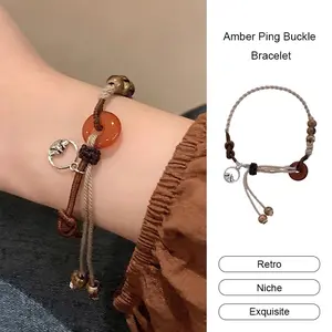 [JUNKSAILA] Gelang Gesper Ping Amber Wanita Gelang Tenun Gaya Cina Baru Gelang Gaya Etnik Retro