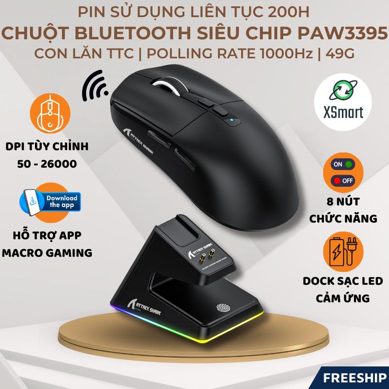 Chuột Máy Tính Bluetooth Không Dây Siêu Chip PAW3395 Attack Shark X6 Tặng Grip Tape, Dock Sạc Led RGB