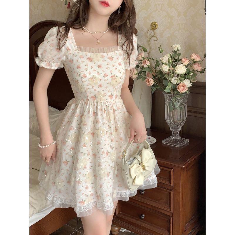 Product Introduction of Váy Hoa, Dành Cho Phụ Nữ, Nhẹ Nhàng Và Ngọt Ngào, Thiết Kế Eo Anh Đào Kem, Lưới Bó Sát Tay Phồng Váy Cổ Tích Công Chúa, Bộ Sưu Tập Xuân Hè Mới Năm 2025 9