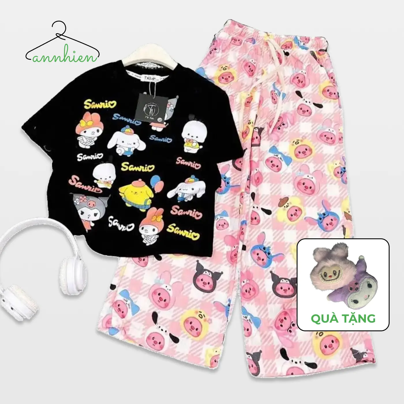 (Tặng mặt gấu bông) set đồ quần dài áo phông bé gái LABUBU 4 màu chất liệu cotton su thoáng mát