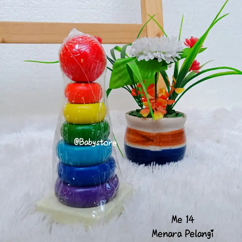 Mainan Edukasi Menara Pelangi / Me 14 / Mainan Edukasi Wooden Rainbow Ring Tower / Menara Donat Kayu Pelangi Anak Belajar 1