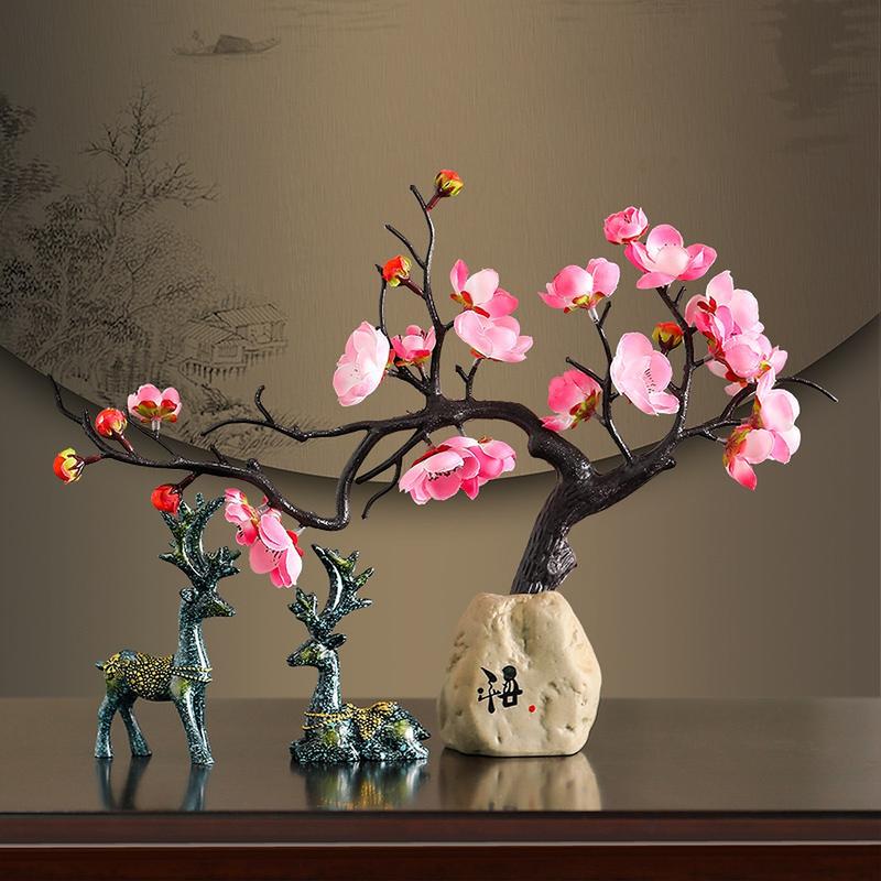 Hoa đào giả bonsai đôi Hươu trang trí bàn làm việc, kệ sách, phòng khách <> Bàn Decor Decor Bàn Decor Phòng Trang Trí Nhà Để Bàn