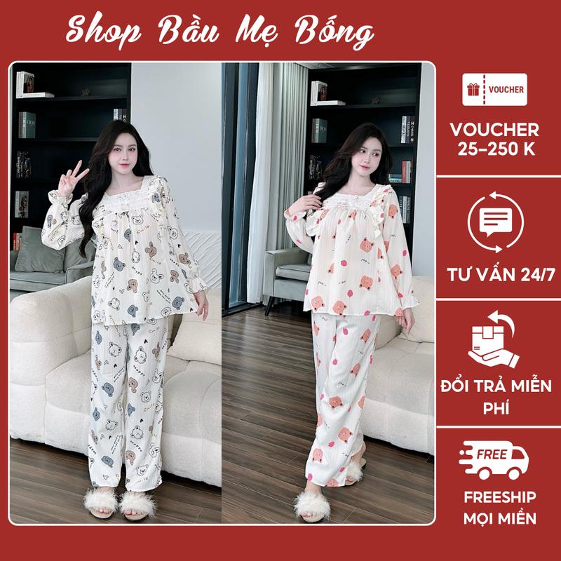 COMBO 2 Bộ Mặc Bầu Kết Hợp Sau Sinh Thiết Kế Cổ Vuông Phối Ren Nơ, Chất Liệu Đũi Gân Hình, Áo Có Khoá Kéo, Quần Có Chun Chỉnh Freesize Dưới 70kg Dành Riêng Cho Mẹ Bầu