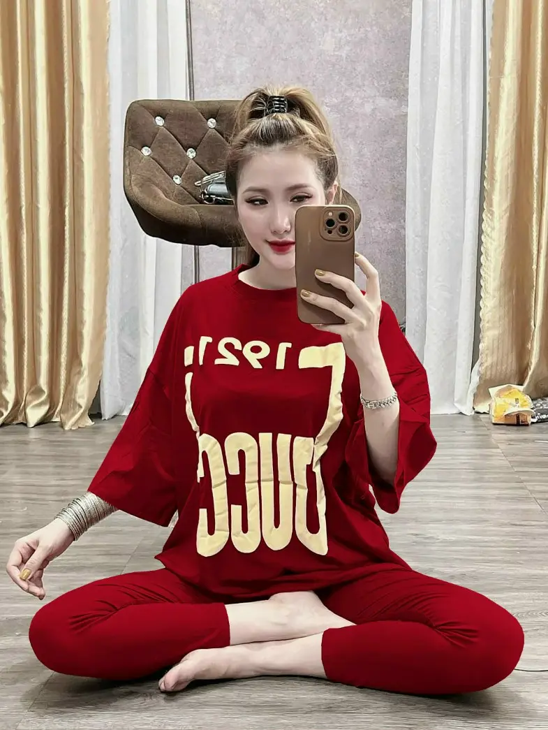 Set đồ bộ cotton form rộng có túi - logo in nổi -màu trơn đơn giản - sản phẩm y hình Nữ Women Áo Top Voi
