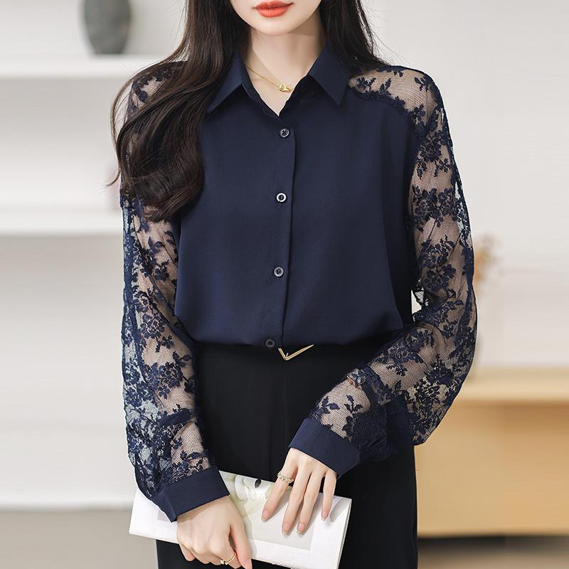 Product Introduction of Áo Cánh Voan Ren Ve Áo, Dòng Màu Xanh Dương, Dành Cho Nữ, Áo Cardigan Dài Tay, Ngoại Cỡ, Không Cần Ủi 10
