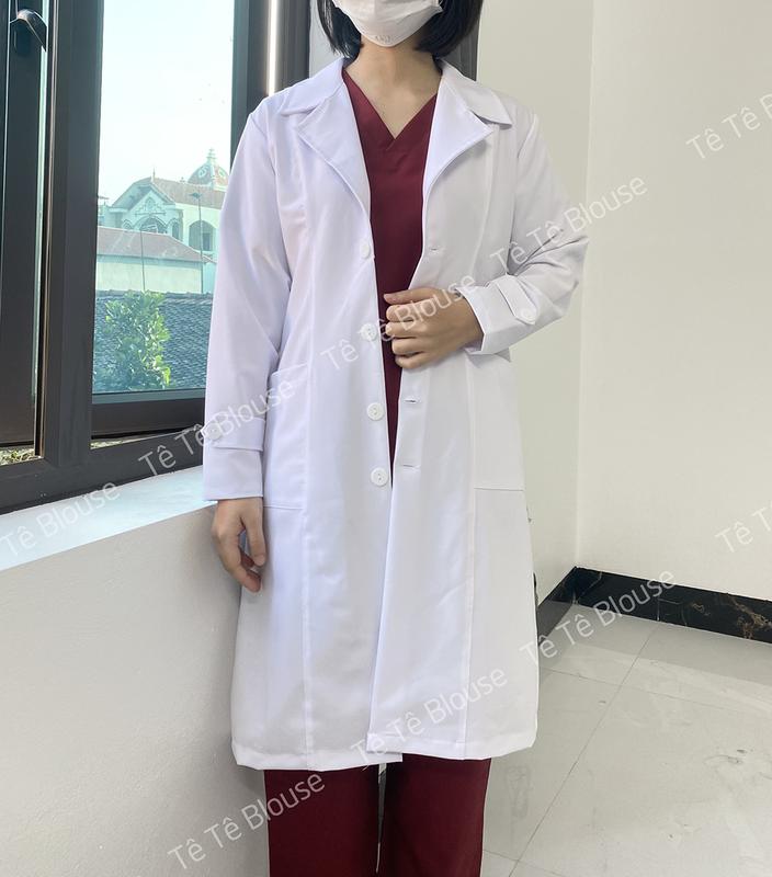 Áo Blouse Nam Nữ Cộc, Dài Tay Dáng Ngang Gối Cao Cấp, Vải Co Giãn, Không Nhăn dùng làm quà tặng cho Bác sĩ, có thêu tên theo yêu cầu - Màu trắng 3