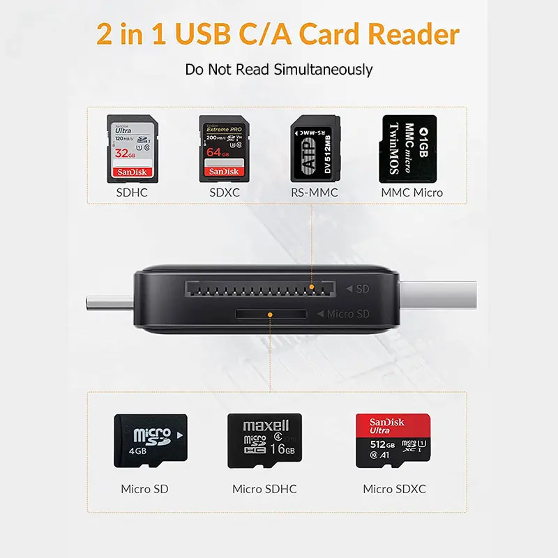 2 in 1 Card Reader USB 2.0/Type C Fit For Micro SD Card / TF Memory Card Read OTG Adapter Hitam Computer 1