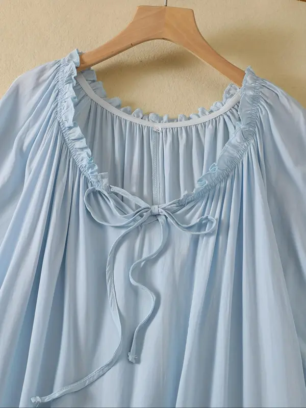 Women's Contrast Lace Frill Ruffle Hem Tie Neck Nightdress, Casual Soft Comfortable Colorblock Flounce Sleeve Nightgown for Summer, Fashion Ladies' Sleepwear for Daily Wear 2