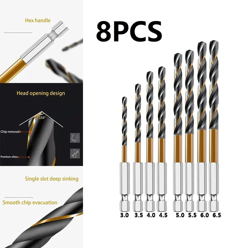Bộ Mũi Khoan Thép Tốc Độ Cao HSS, 8 Chiếc, Phủ Titan, Chuôi Lục Giác 1 / 4, Có Kích Thước 3-6,5mm