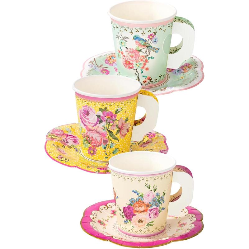 Pack of 24 Vintage Floral Cup & Saucer Afternoon Tea Set, Truly Scrumptious Disposable Tableware for Birthday or Garden Party, Baby Shower, Wedding, TRULYCUPSET24 Drinkware Plastic 1