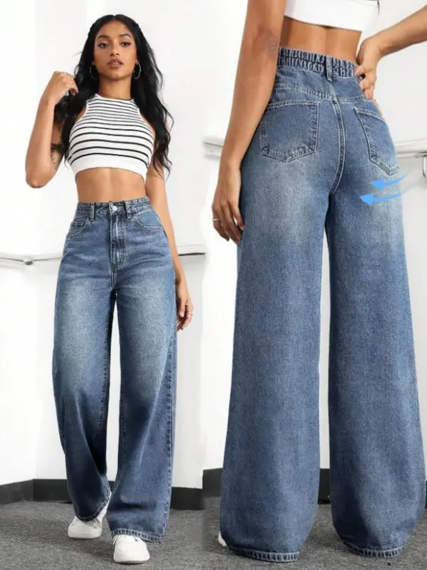 Women's Plain Wide Leg Denim Jeans, Casual Comfy Pocket Button Fly Trousers for Daily Wear, Ladies Bottoms for All Seasons, Pants, High Rise Jeans 2