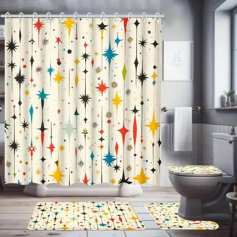Star Print Shower Curtain Set, 1/4 Counts Including Shower Curtain & U-shaped Mat & Toilet Lid Cover & Bath Mat, Bathroom Accessories with Hooks 3