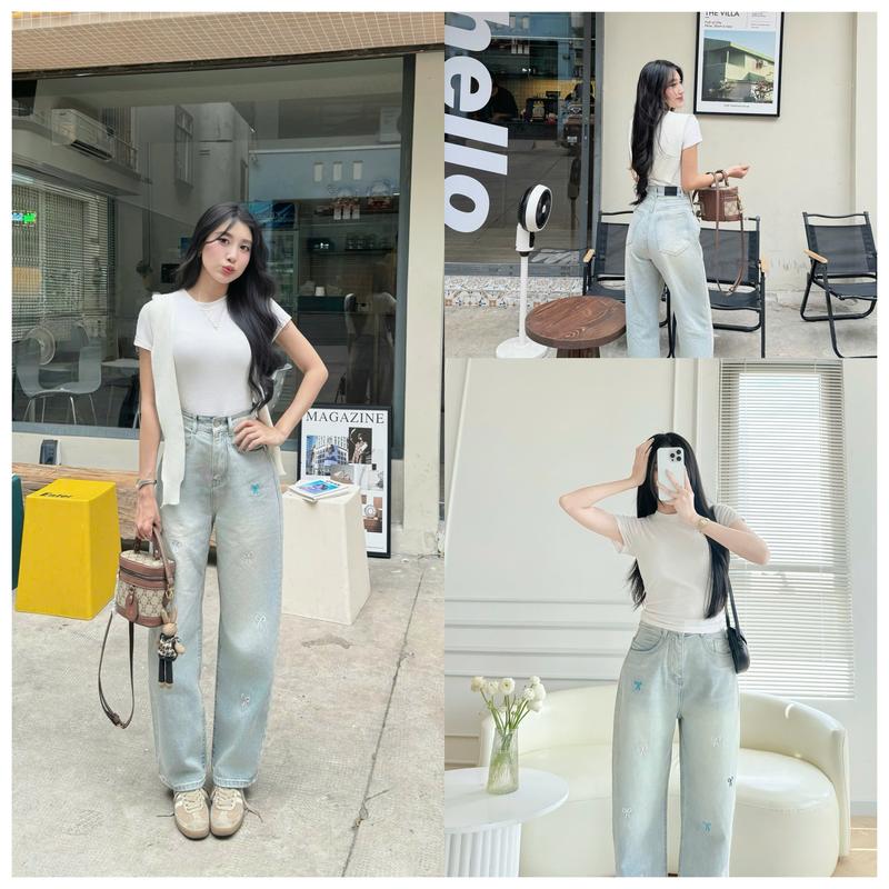 Dài 95cm Quần Jeans Suông Thêu Nơ Nhỏ Màu Ánh Vàng Thời Trang Thảo Xinh Store 40-65kg