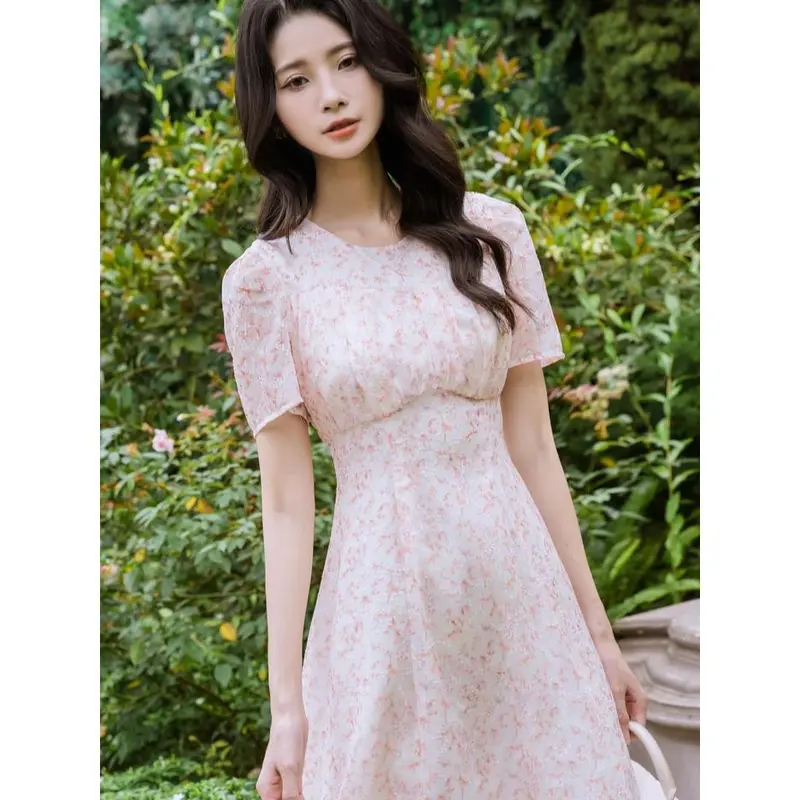 Đầm Váy Hoa Nhí Công Sở LENDO V240333 Dáng Dài Xòe A Tay Bồng Ngắn Cổ Tròn Dúm Ngực Nữ Women 2