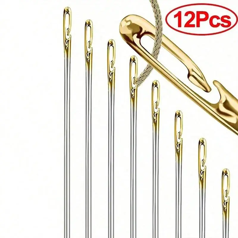 12pcs Self Threading Needle, Open Type Easy Threading Needles, Hand Sewing Needles with Wooden Case